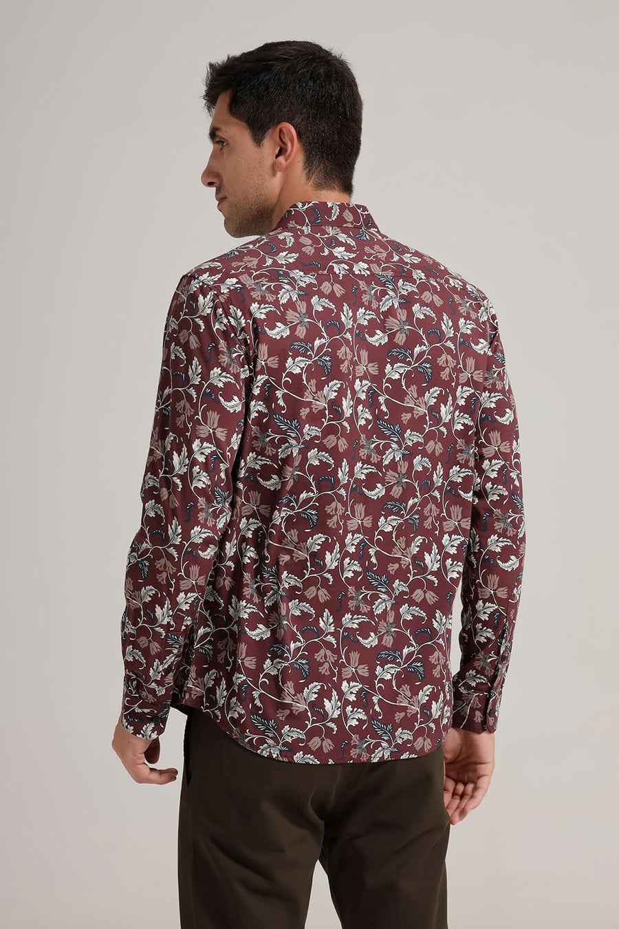BASICS SLIM FIT NEW WINE COTTON VISCOSE PRINTED SHIRT