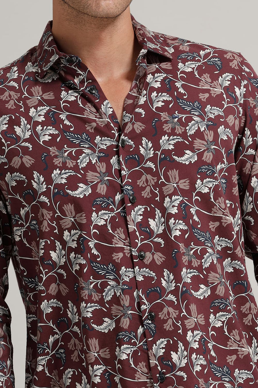 BASICS SLIM FIT NEW WINE COTTON VISCOSE PRINTED SHIRT