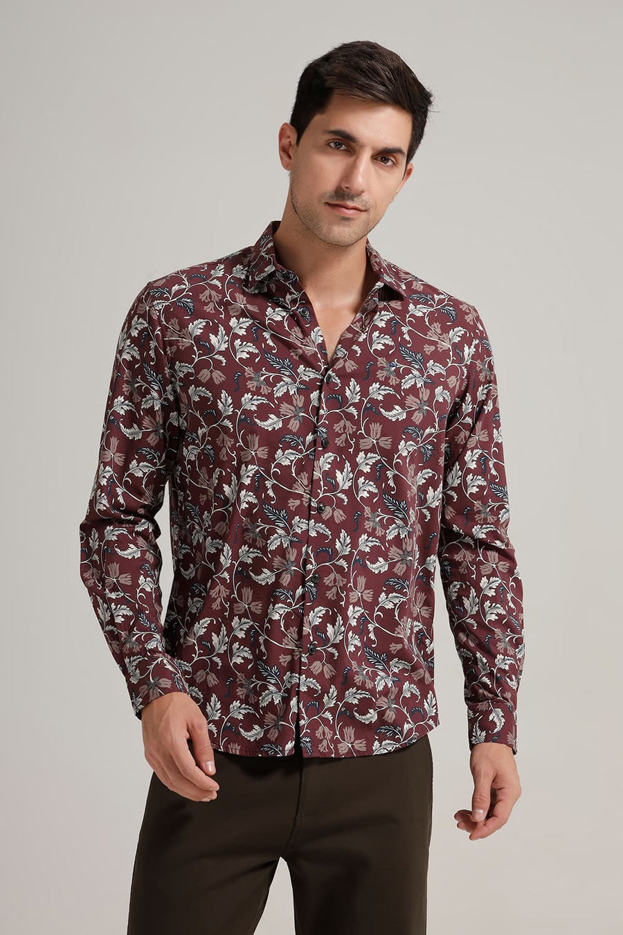 BASICS SLIM FIT NEW WINE COTTON VISCOSE PRINTED SHIRT