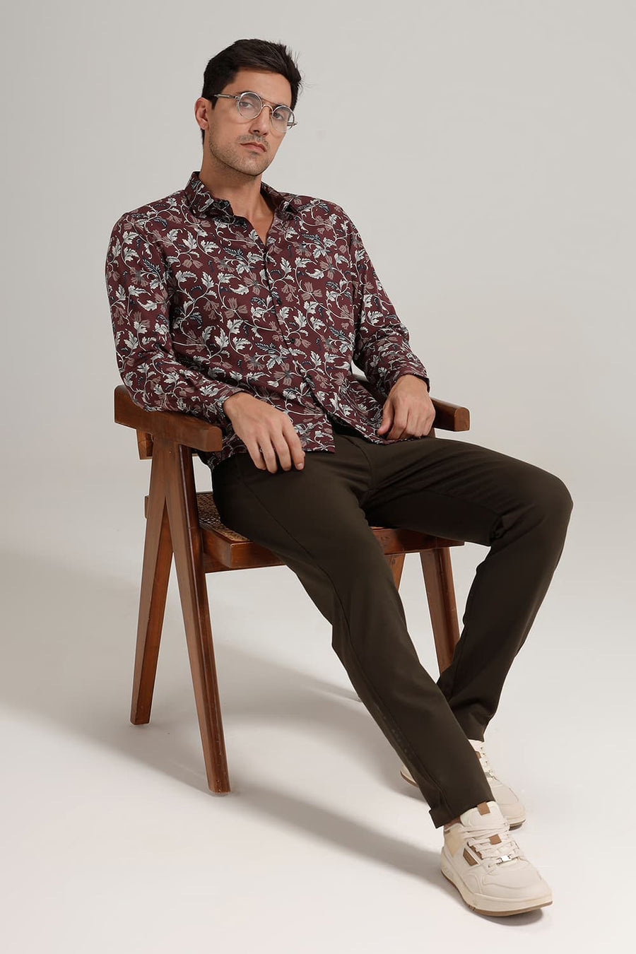BASICS SLIM FIT NEW WINE COTTON VISCOSE PRINTED SHIRT