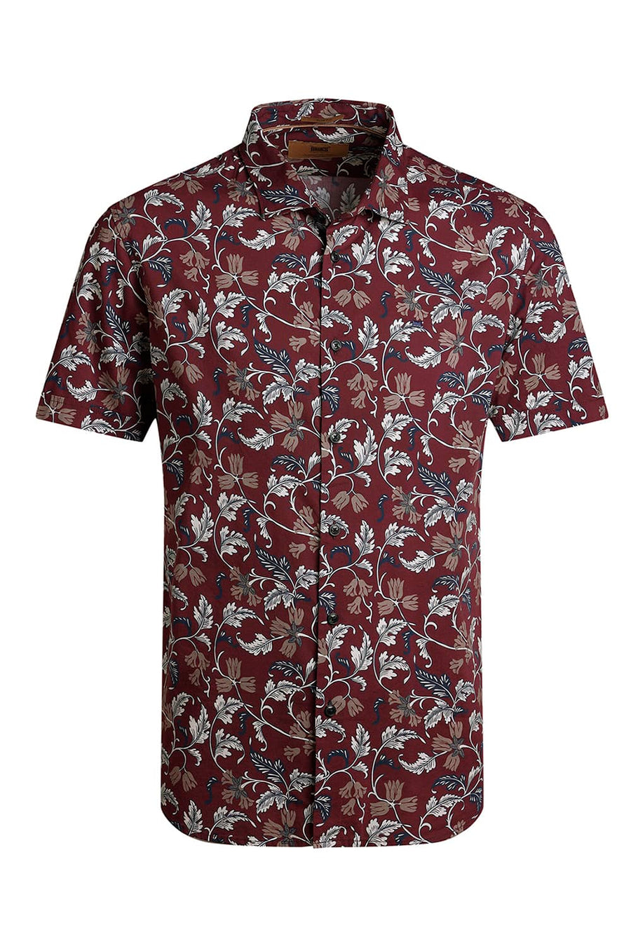 BASICS SLIM FIT NEW WINE COTTON VISCOSE PRINTED HALFSLEEVES SHIRT