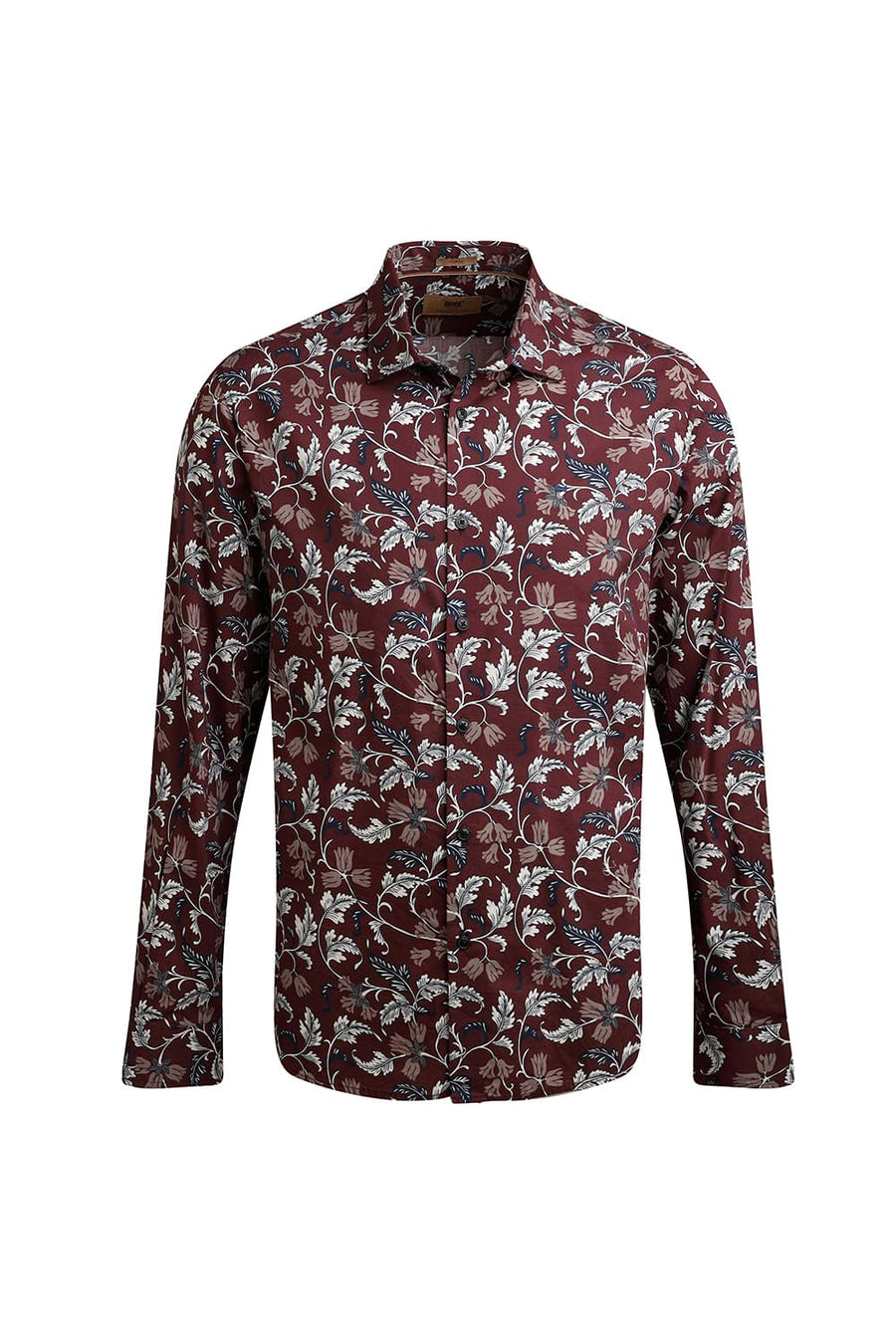 BASICS SLIM FIT NEW WINE COTTON VISCOSE PRINTED SHIRT