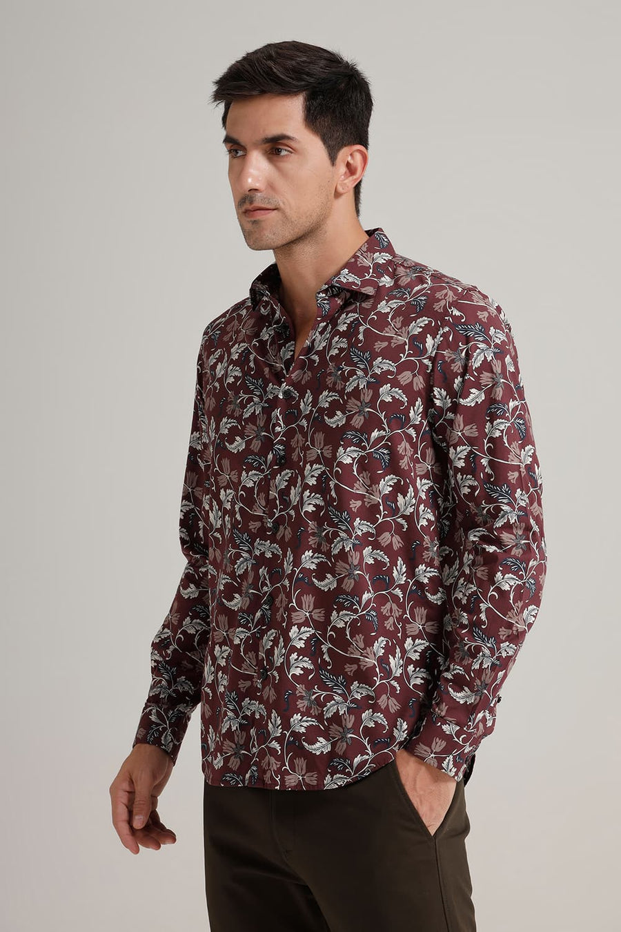 BASICS SLIM FIT NEW WINE COTTON VISCOSE PRINTED SHIRT