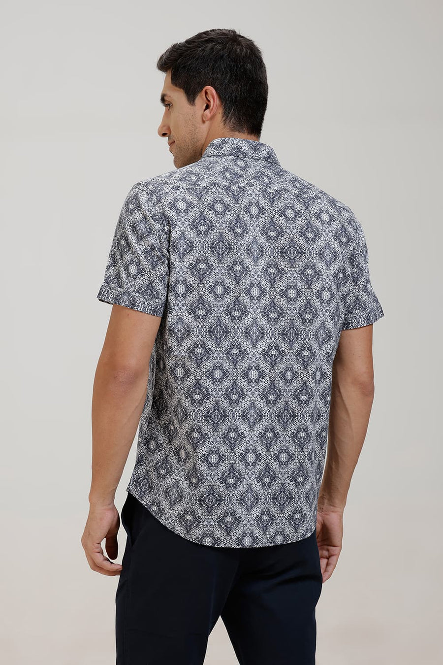 BASICS SLIM FIT INDIGO KHAKI COTTON DIDITAL PRINTED HALFSLEEVES SHIRT