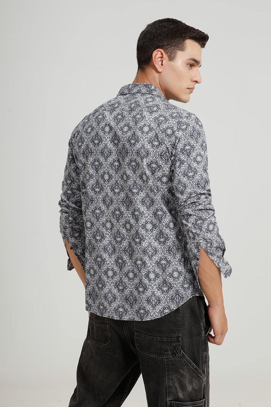 BASICS SLIM FIT INDIGO KHAKI COTTON DIDITAL PRINTED SHIRT
