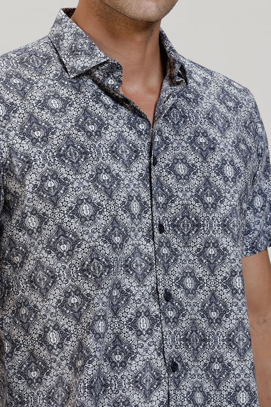 BASICS SLIM FIT INDIGO KHAKI COTTON DIDITAL PRINTED HALFSLEEVES SHIRT