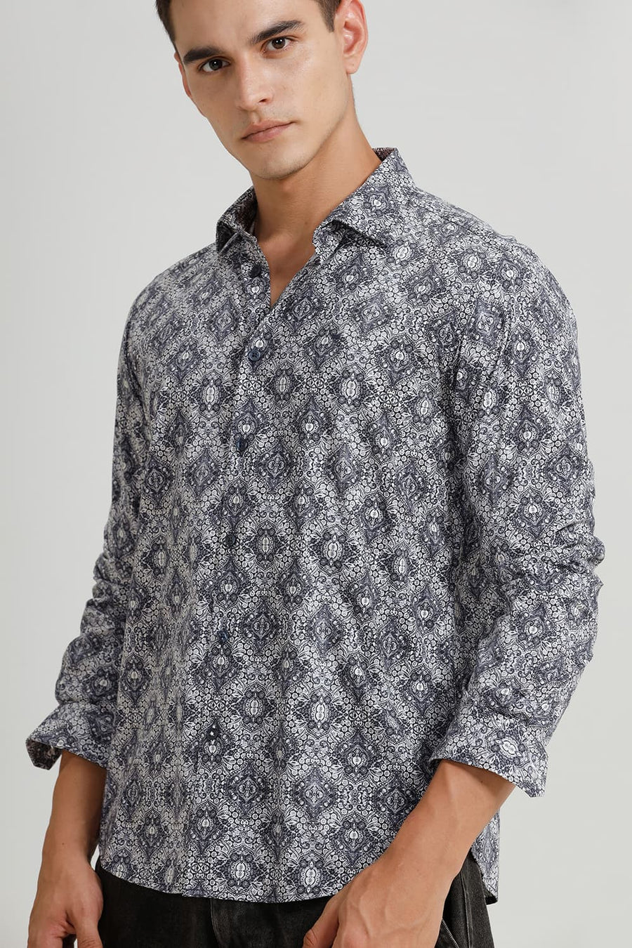 BASICS SLIM FIT INDIGO KHAKI COTTON DIDITAL PRINTED SHIRT