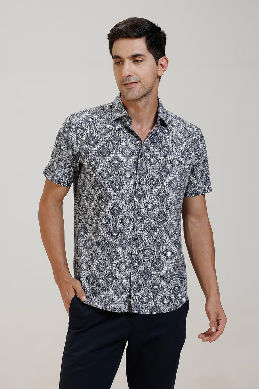 BASICS SLIM FIT INDIGO KHAKI COTTON DIDITAL PRINTED HALFSLEEVES SHIRT
