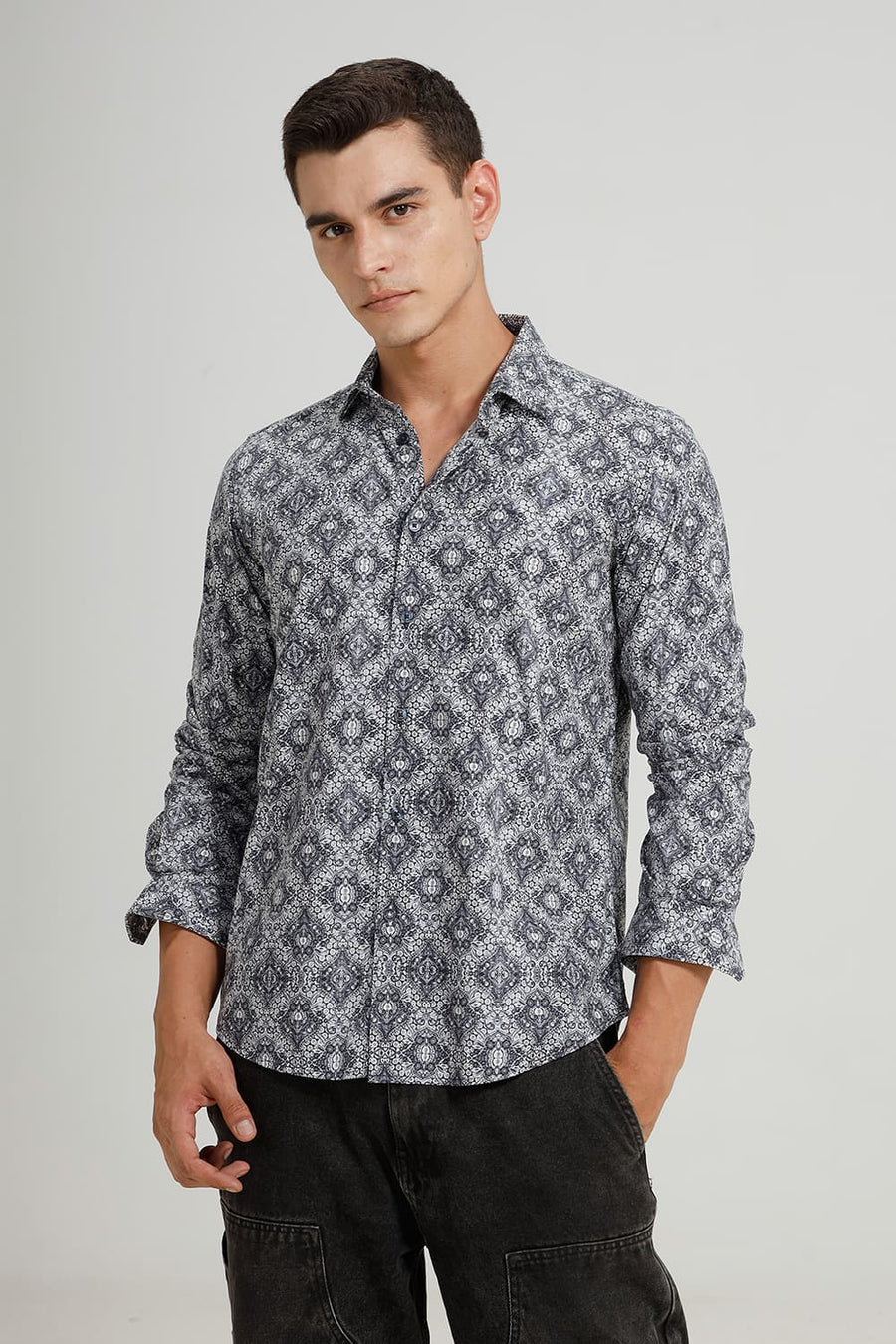 BASICS SLIM FIT INDIGO KHAKI COTTON DIDITAL PRINTED SHIRT