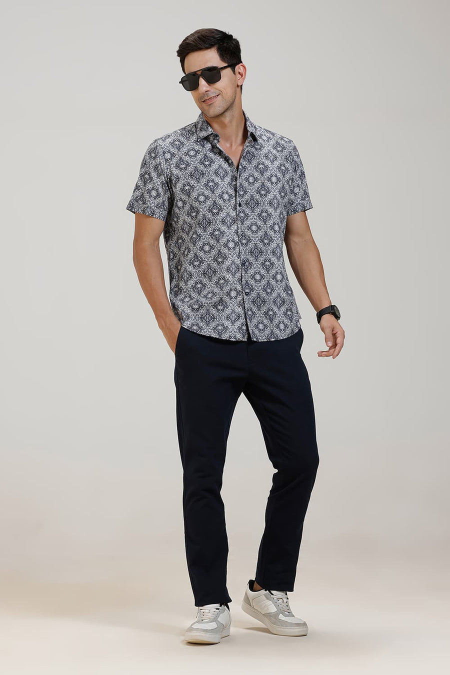 BASICS SLIM FIT INDIGO KHAKI COTTON DIDITAL PRINTED HALFSLEEVES SHIRT