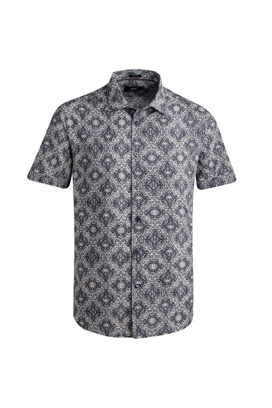 BASICS SLIM FIT INDIGO KHAKI COTTON DIDITAL PRINTED HALFSLEEVES SHIRT