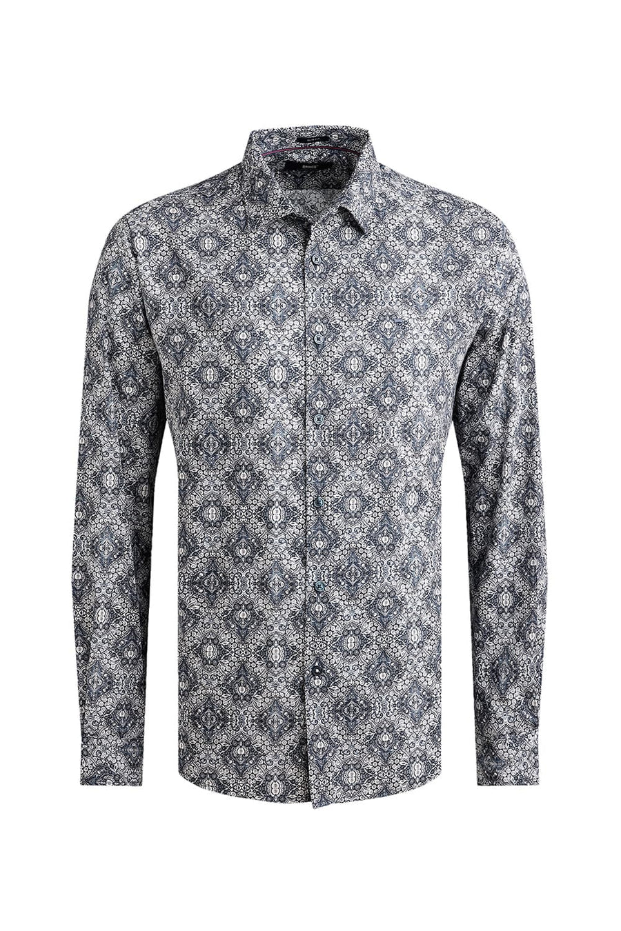 BASICS SLIM FIT INDIGO KHAKI COTTON DIDITAL PRINTED SHIRT