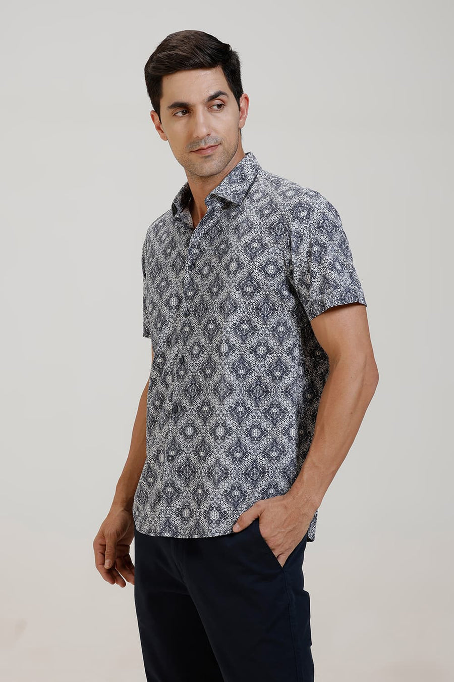 BASICS SLIM FIT INDIGO KHAKI COTTON DIDITAL PRINTED HALFSLEEVES SHIRT