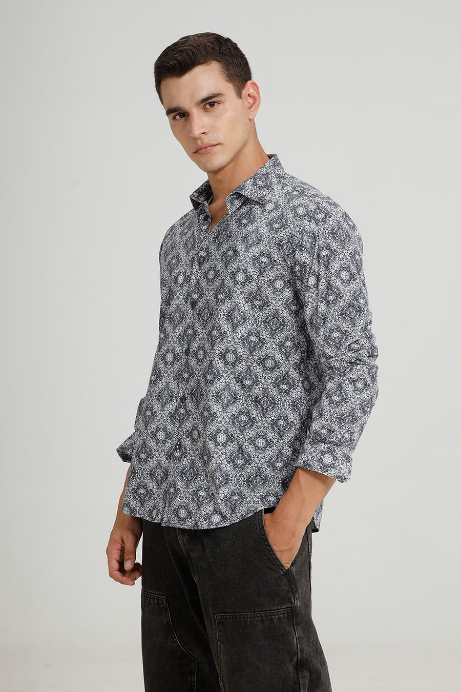 BASICS SLIM FIT INDIGO KHAKI COTTON DIDITAL PRINTED SHIRT