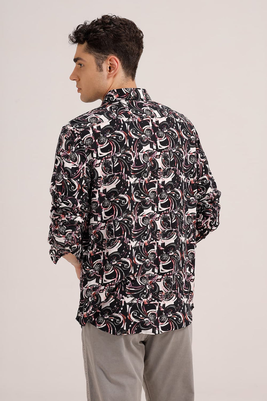 BASICS SLIM FIT BLACK WINE VISCOSE DIGITAL PRINTED SHIRT