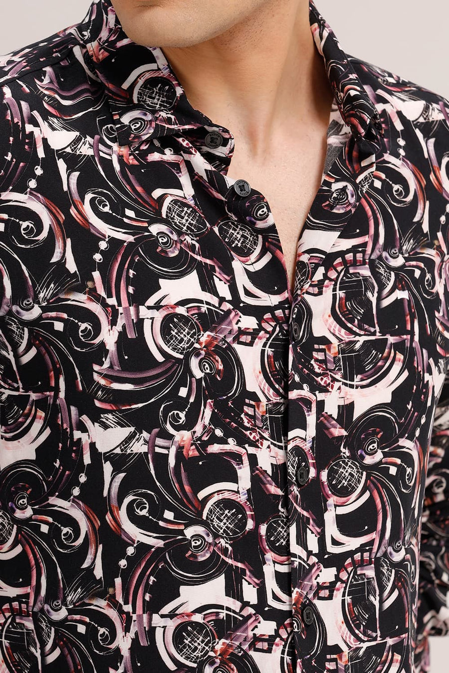 BASICS SLIM FIT BLACK WINE VISCOSE DIGITAL PRINTED SHIRT