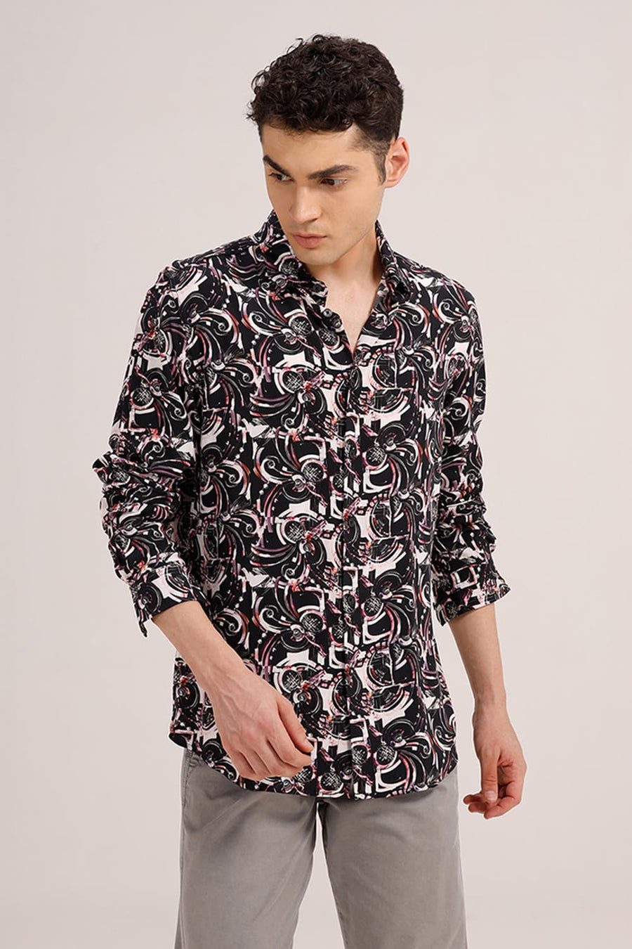 BASICS SLIM FIT BLACK WINE VISCOSE DIGITAL PRINTED SHIRT