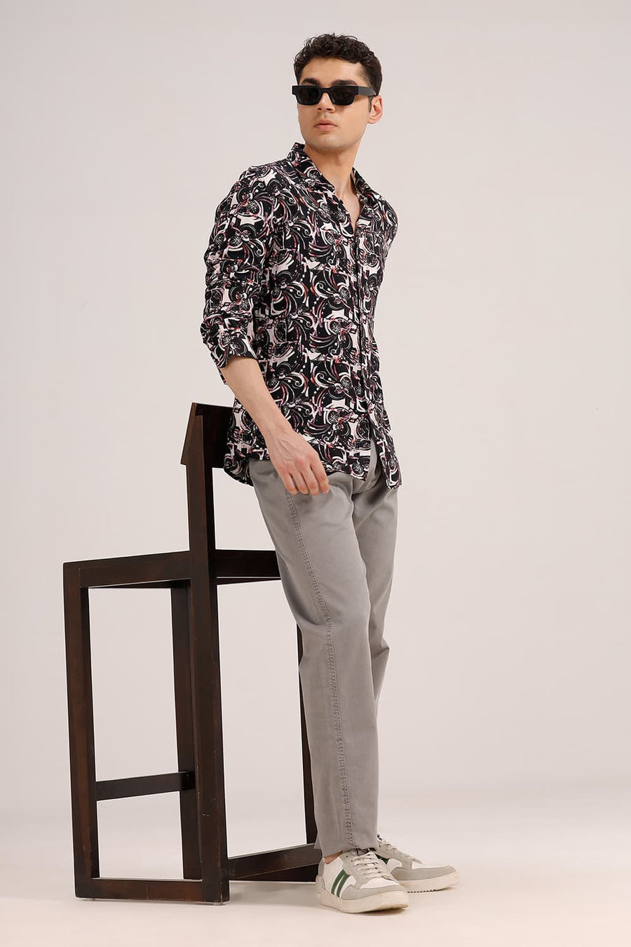 BASICS SLIM FIT BLACK WINE VISCOSE DIGITAL PRINTED SHIRT