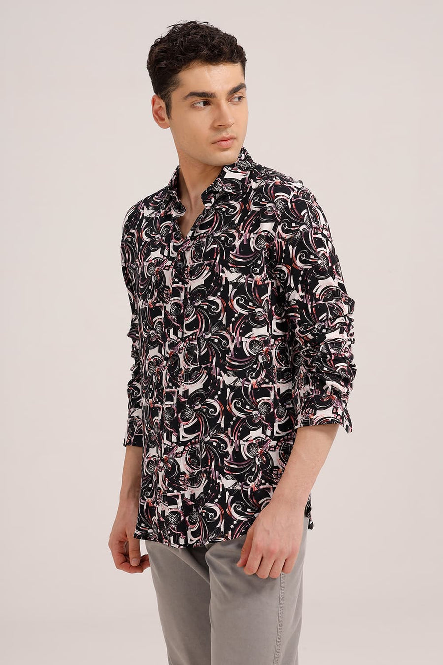 BASICS SLIM FIT BLACK WINE VISCOSE DIGITAL PRINTED SHIRT
