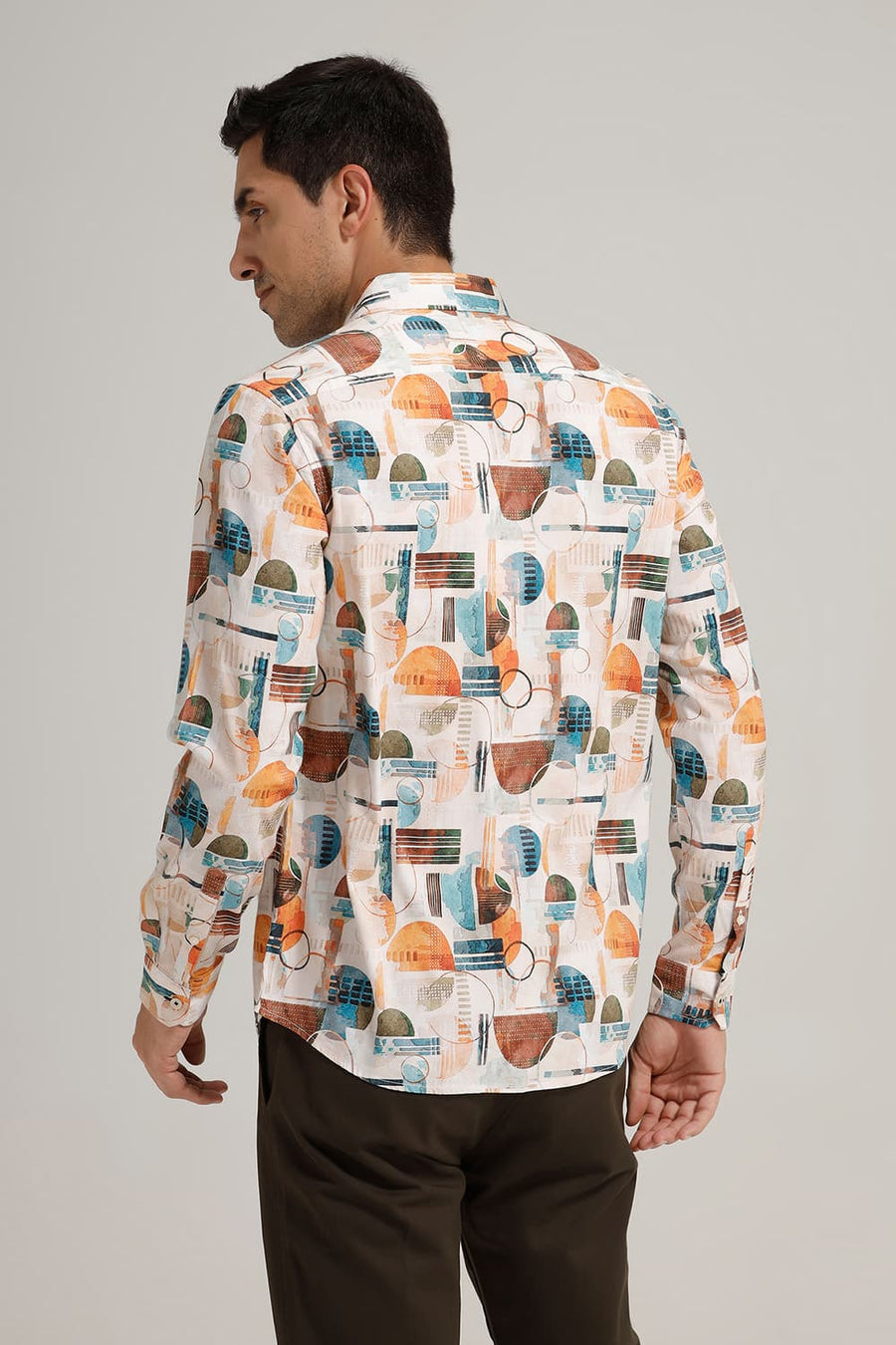BASICS SLIM FIT BLUEBIRD BEIGE COTTON VISCOSE DIGITAL PRINTED SHIRT