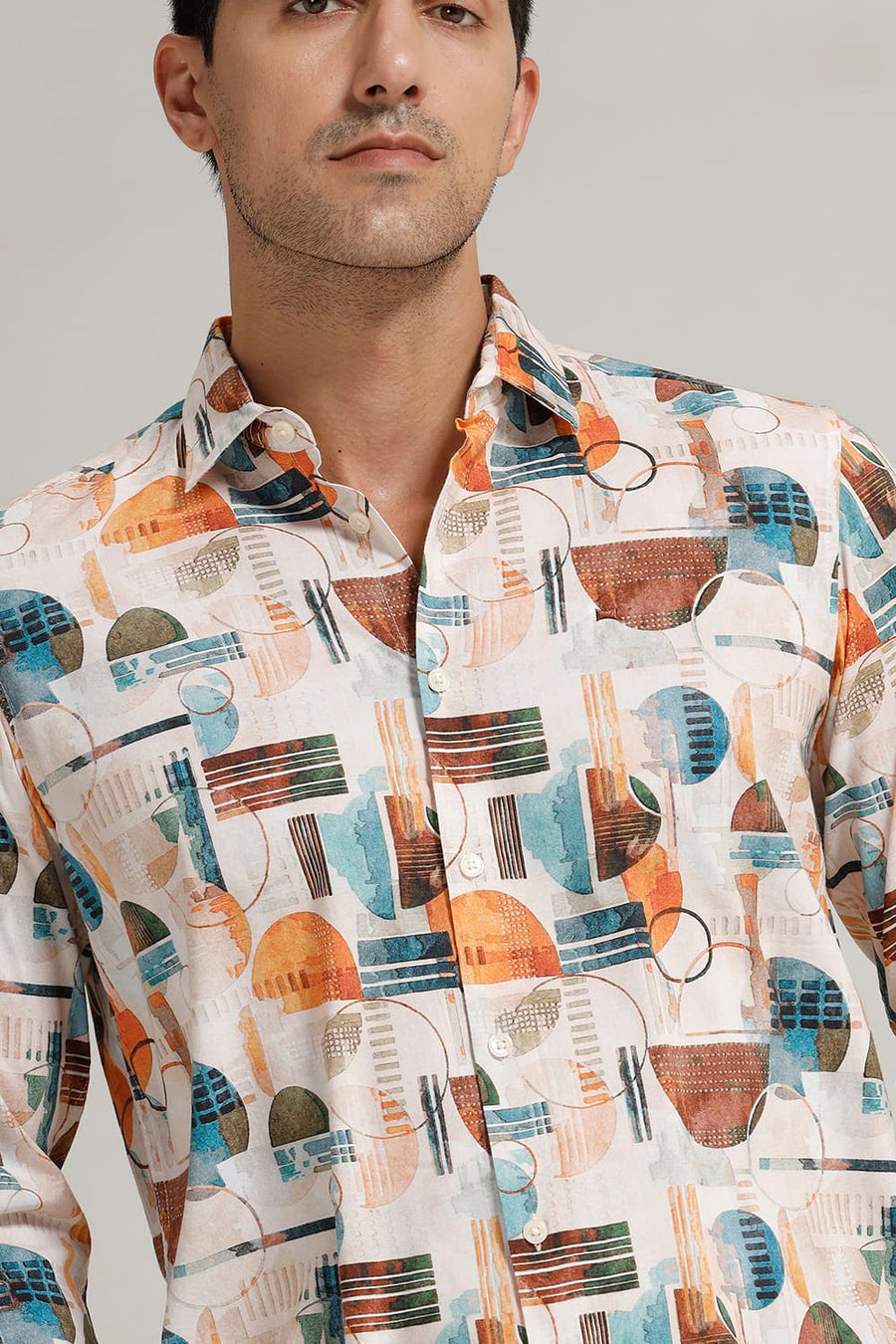 BASICS SLIM FIT BLUEBIRD BEIGE COTTON VISCOSE DIGITAL PRINTED SHIRT