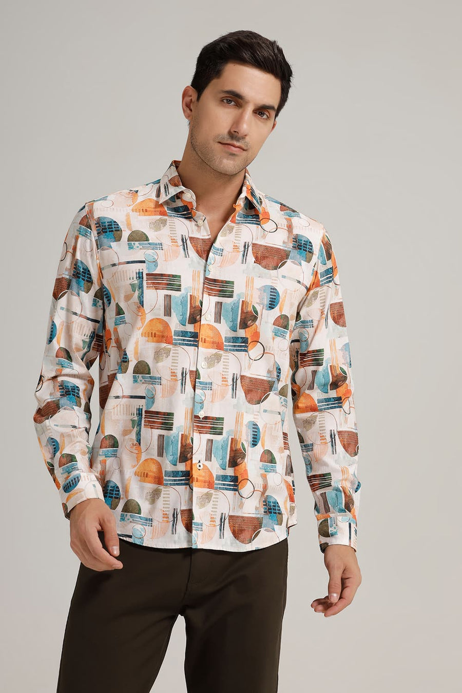 BASICS SLIM FIT BLUEBIRD BEIGE COTTON VISCOSE DIGITAL PRINTED SHIRT