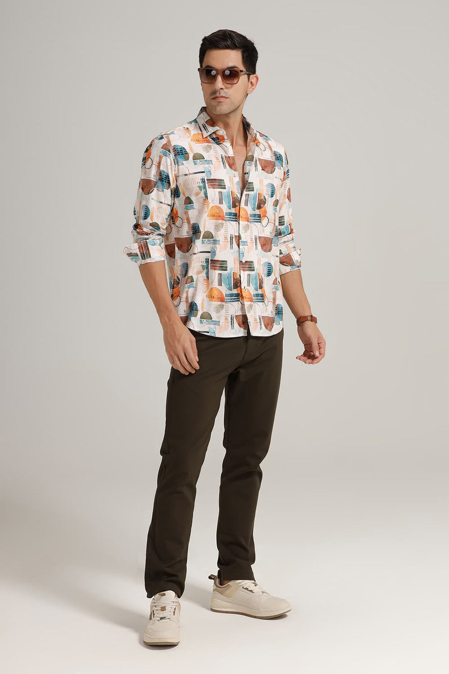 BASICS SLIM FIT BLUEBIRD BEIGE COTTON VISCOSE DIGITAL PRINTED SHIRT