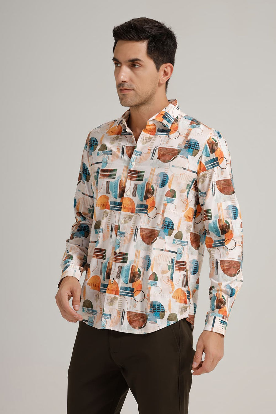 BASICS SLIM FIT BLUEBIRD BEIGE COTTON VISCOSE DIGITAL PRINTED SHIRT