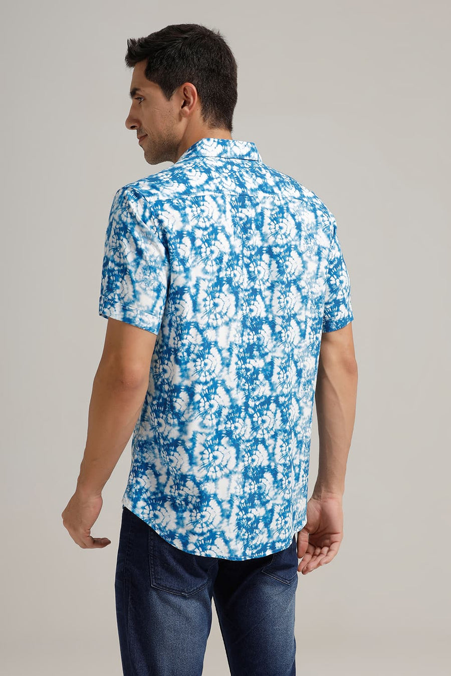 BASICS SLIM FIT IMPERIAL BLUE VISCOSE DIGITAL PRINTED HALFSLEEVES SHIRT