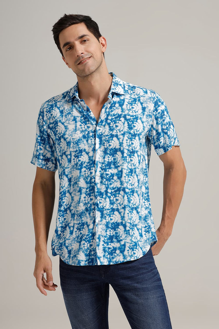 BASICS SLIM FIT IMPERIAL BLUE VISCOSE DIGITAL PRINTED HALFSLEEVES SHIRT