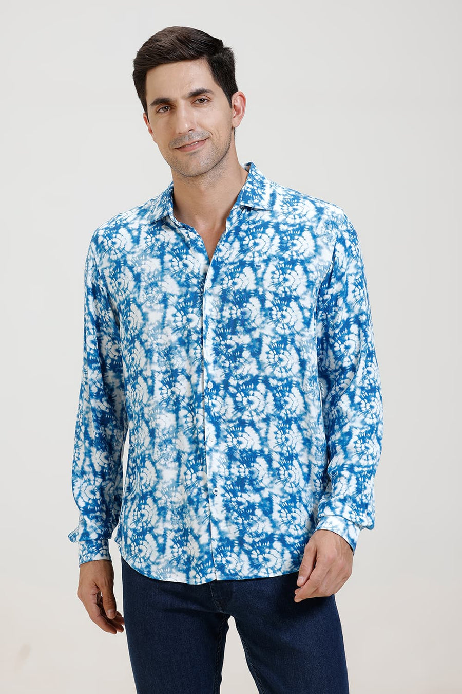 BASICS SLIM FIT IMPERIAL BLUE VISCOSE DIGITAL PRINTED SHIRT