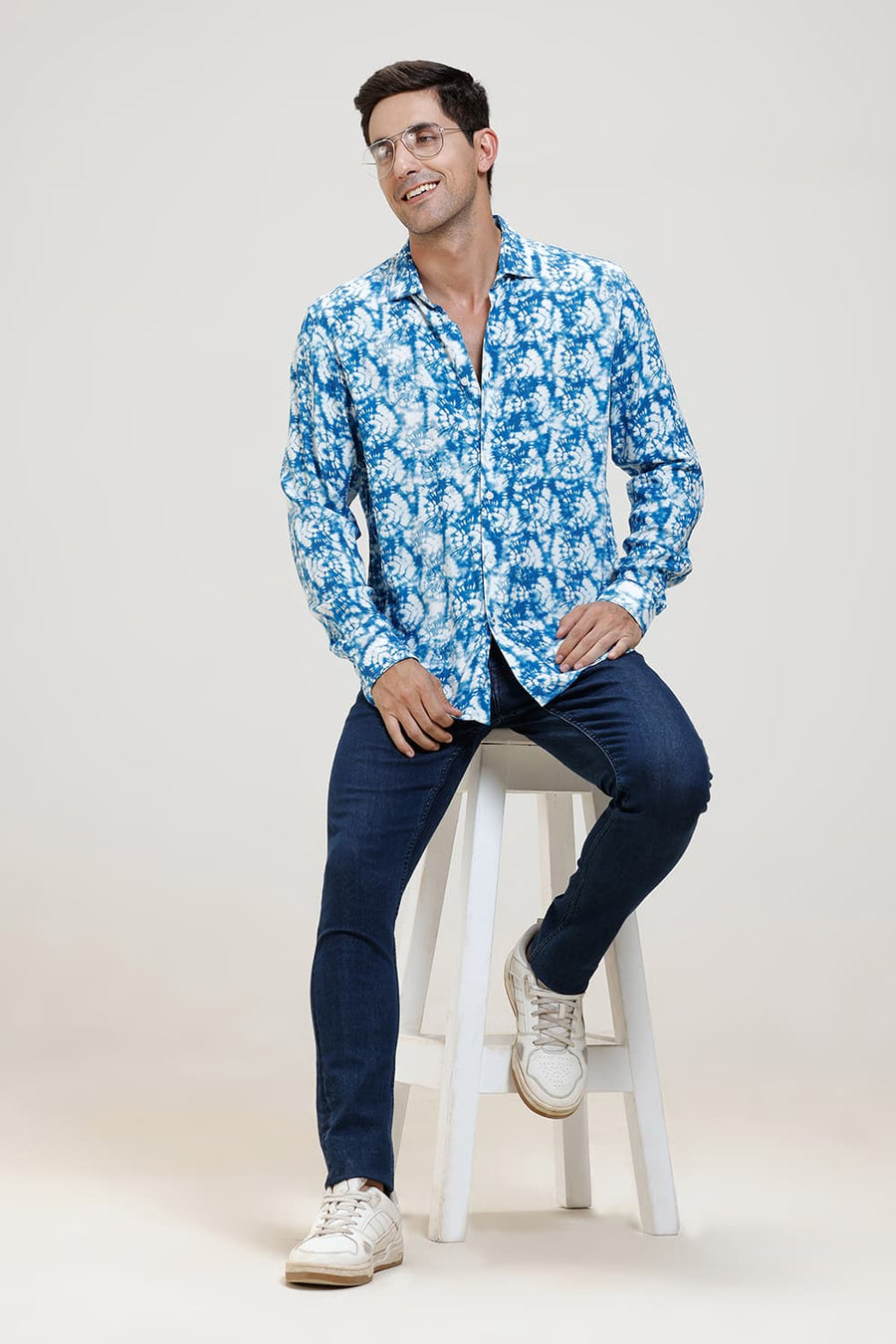 BASICS SLIM FIT IMPERIAL BLUE VISCOSE DIGITAL PRINTED SHIRT