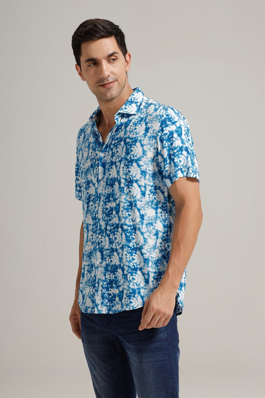 BASICS SLIM FIT IMPERIAL BLUE VISCOSE DIGITAL PRINTED HALFSLEEVES SHIRT