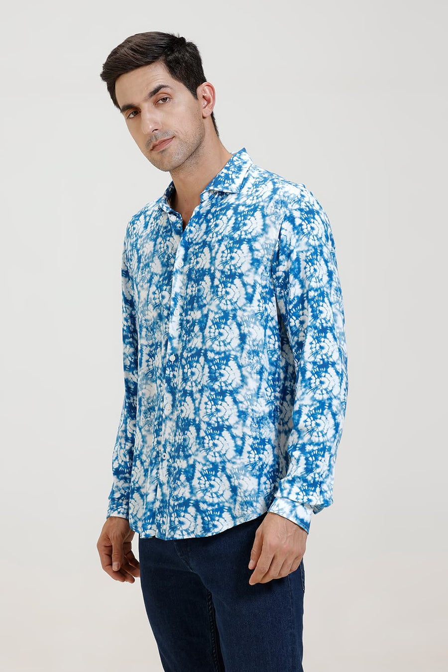 BASICS SLIM FIT IMPERIAL BLUE VISCOSE DIGITAL PRINTED SHIRT