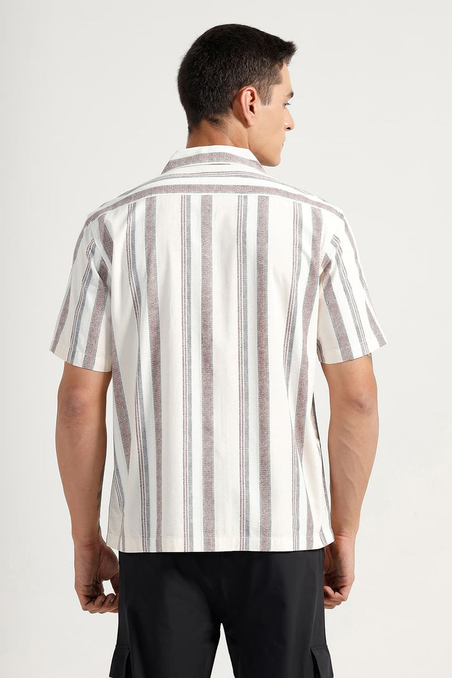 BASICS RELAXED FIT BEIGE GARDENIA COTTON VISCOSE PRINTED STRIPE HALFSLEEVES SHIRT