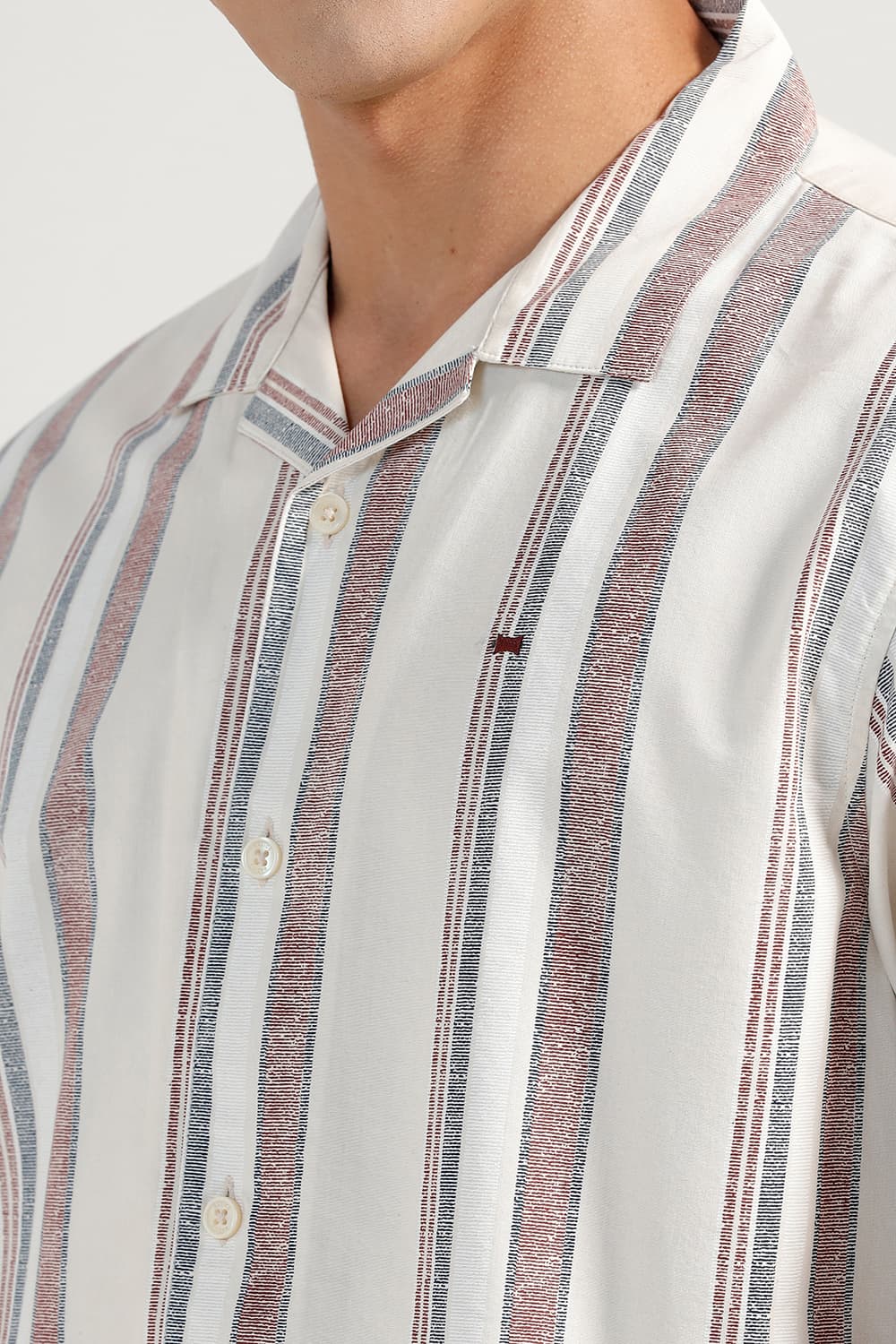 RELAXED FIT COTTON VISCOSE PRINTED STRIPE HALFSLEEVES SHIRT