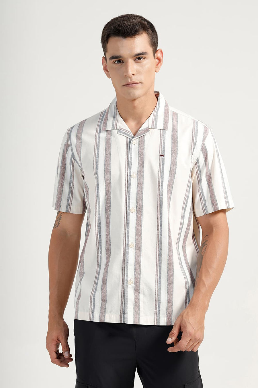 BASICS RELAXED FIT BEIGE GARDENIA COTTON VISCOSE PRINTED STRIPE HALFSLEEVES SHIRT
