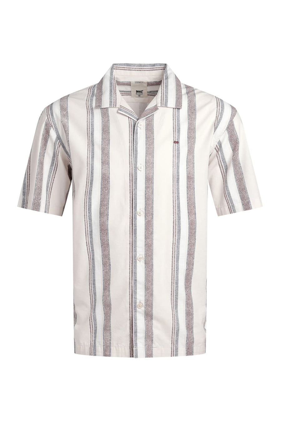 BASICS RELAXED FIT BEIGE GARDENIA COTTON VISCOSE PRINTED STRIPE HALFSLEEVES SHIRT