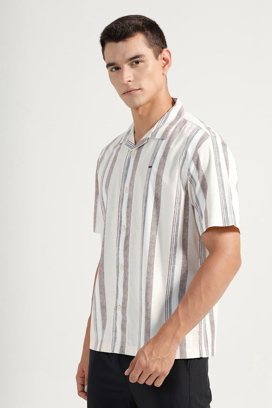 BASICS RELAXED FIT BEIGE GARDENIA COTTON VISCOSE PRINTED STRIPE HALFSLEEVES SHIRT