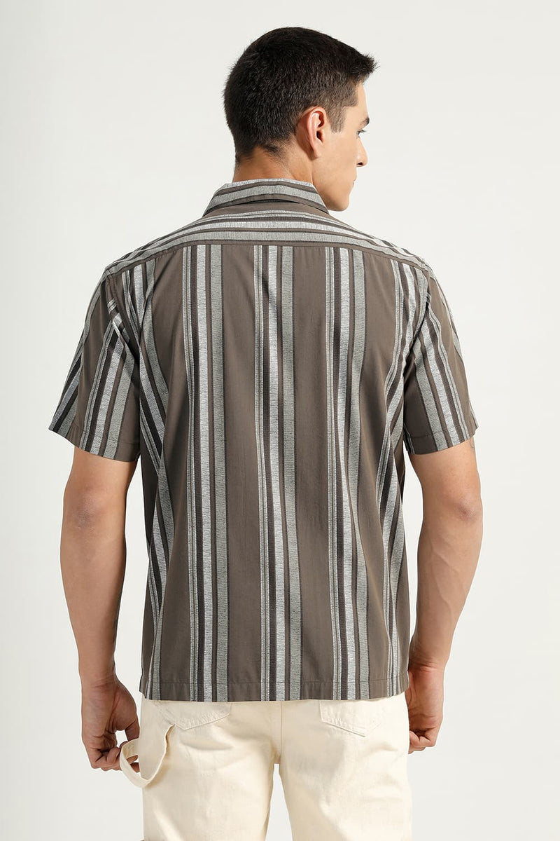 RELAXED FIT COTTON VISCOSE PRINTED STRIPE HALFSLEEVES SHIRT