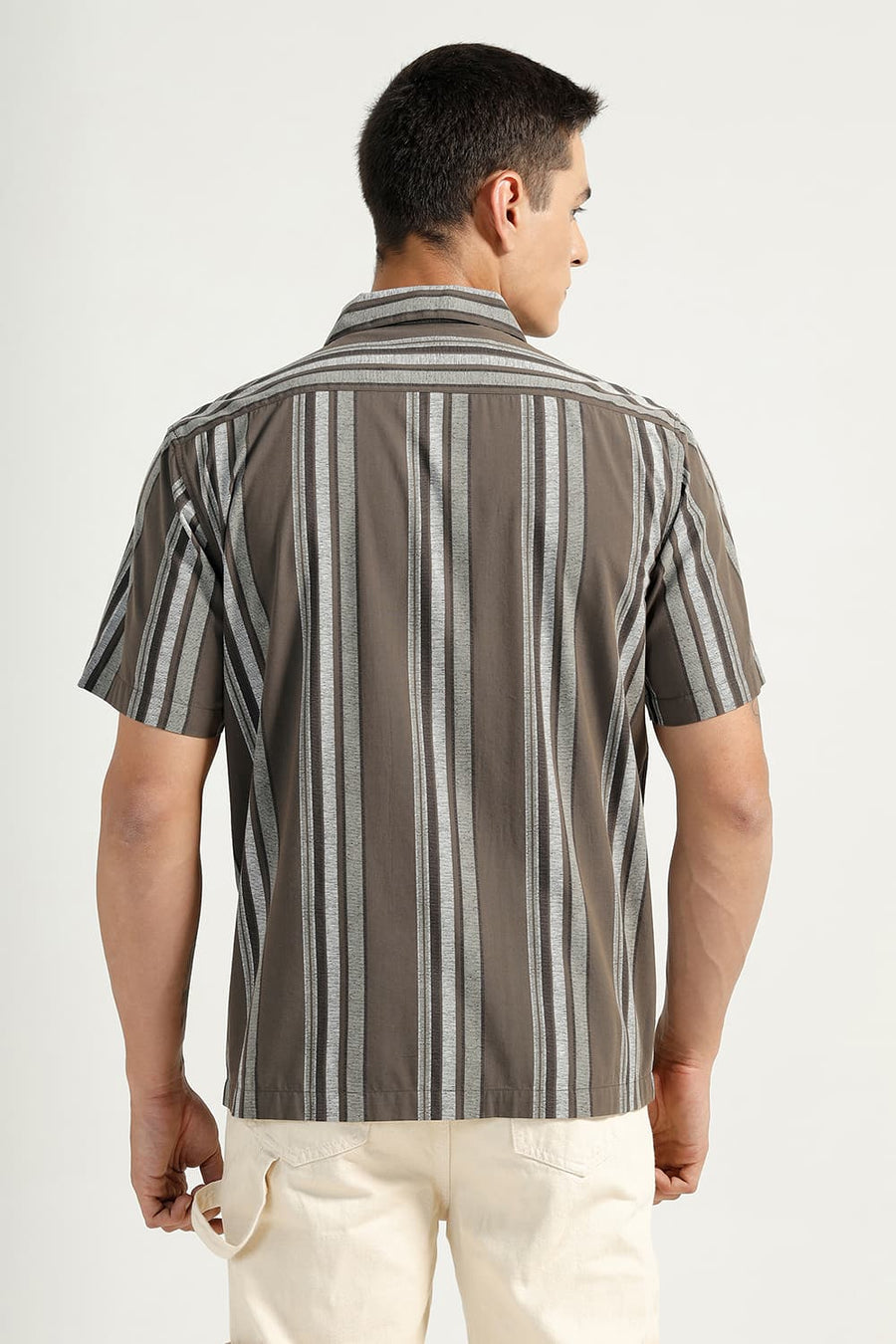 BASICS RELAXED FIT CROCODILE OLIVE COTTON VISCOSE PRINTED STRIPE HALFSLEEVES SHIRT