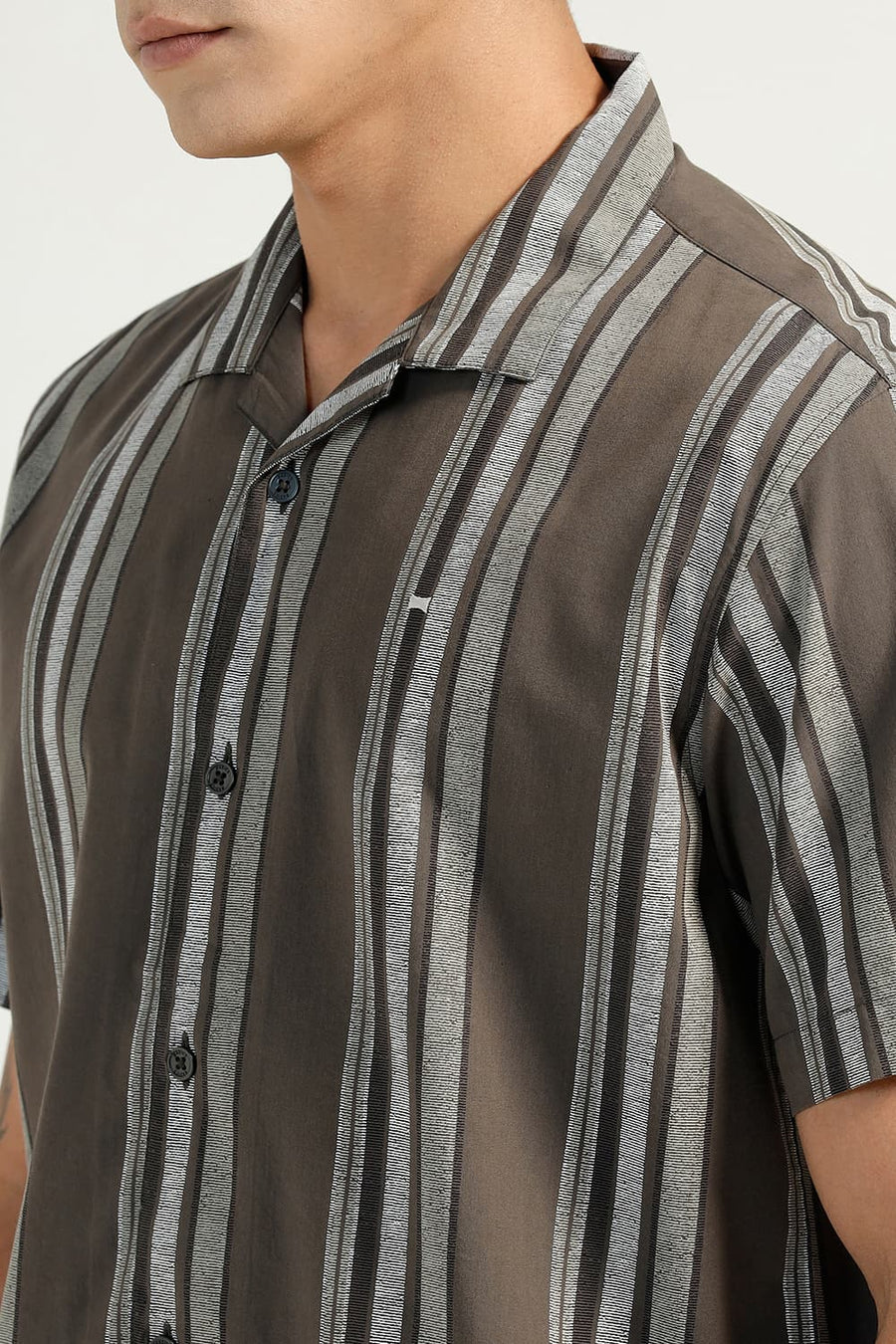 BASICS RELAXED FIT CROCODILE OLIVE COTTON VISCOSE PRINTED STRIPE HALFSLEEVES SHIRT