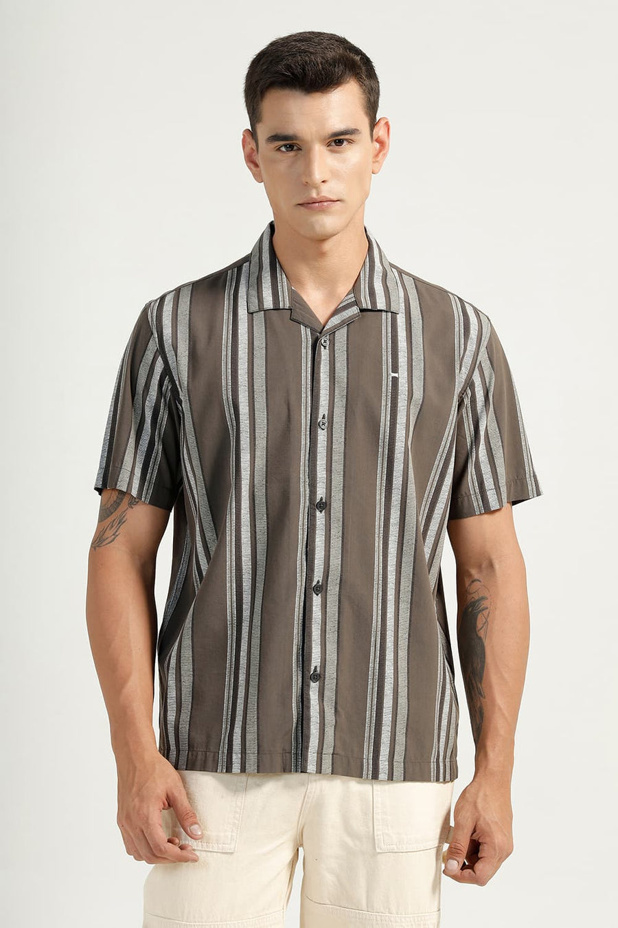 BASICS RELAXED FIT CROCODILE OLIVE COTTON VISCOSE PRINTED STRIPE HALFSLEEVES SHIRT