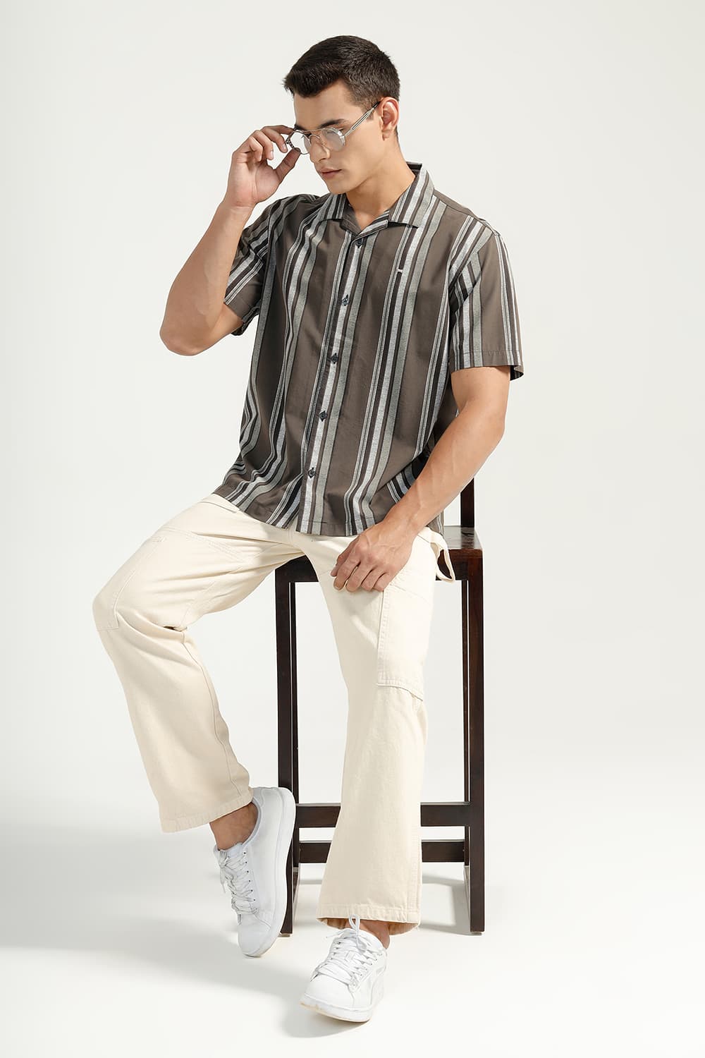 RELAXED FIT COTTON VISCOSE PRINTED STRIPE HALFSLEEVES SHIRT