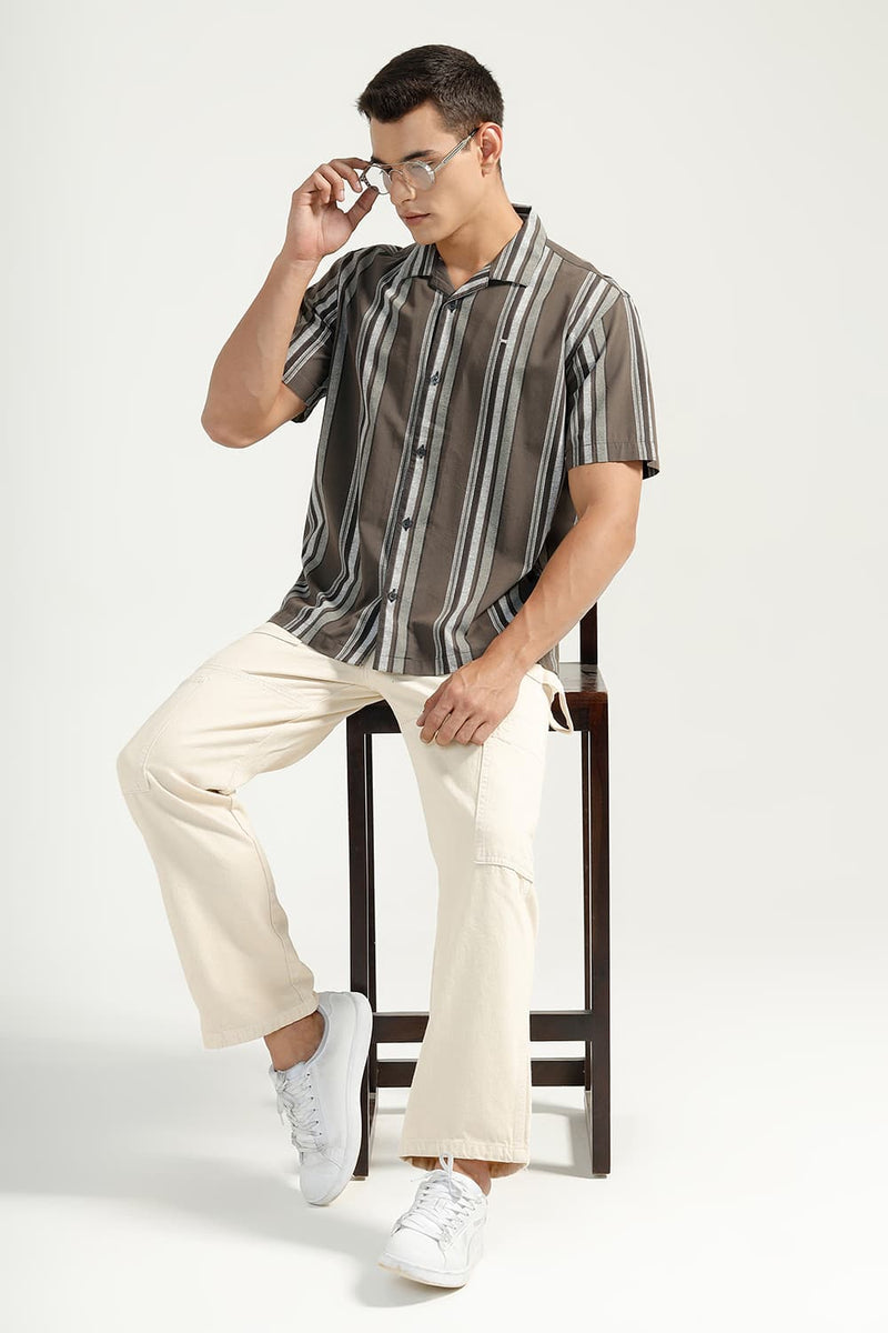 RELAXED FIT COTTON VISCOSE PRINTED STRIPE HALFSLEEVES SHIRT