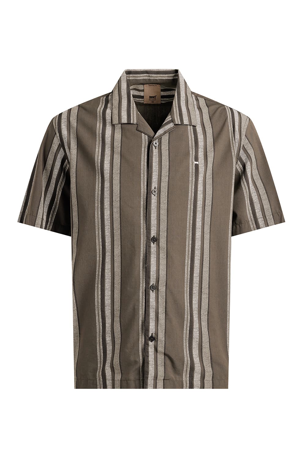 RELAXED FIT COTTON VISCOSE PRINTED STRIPE HALFSLEEVES SHIRT