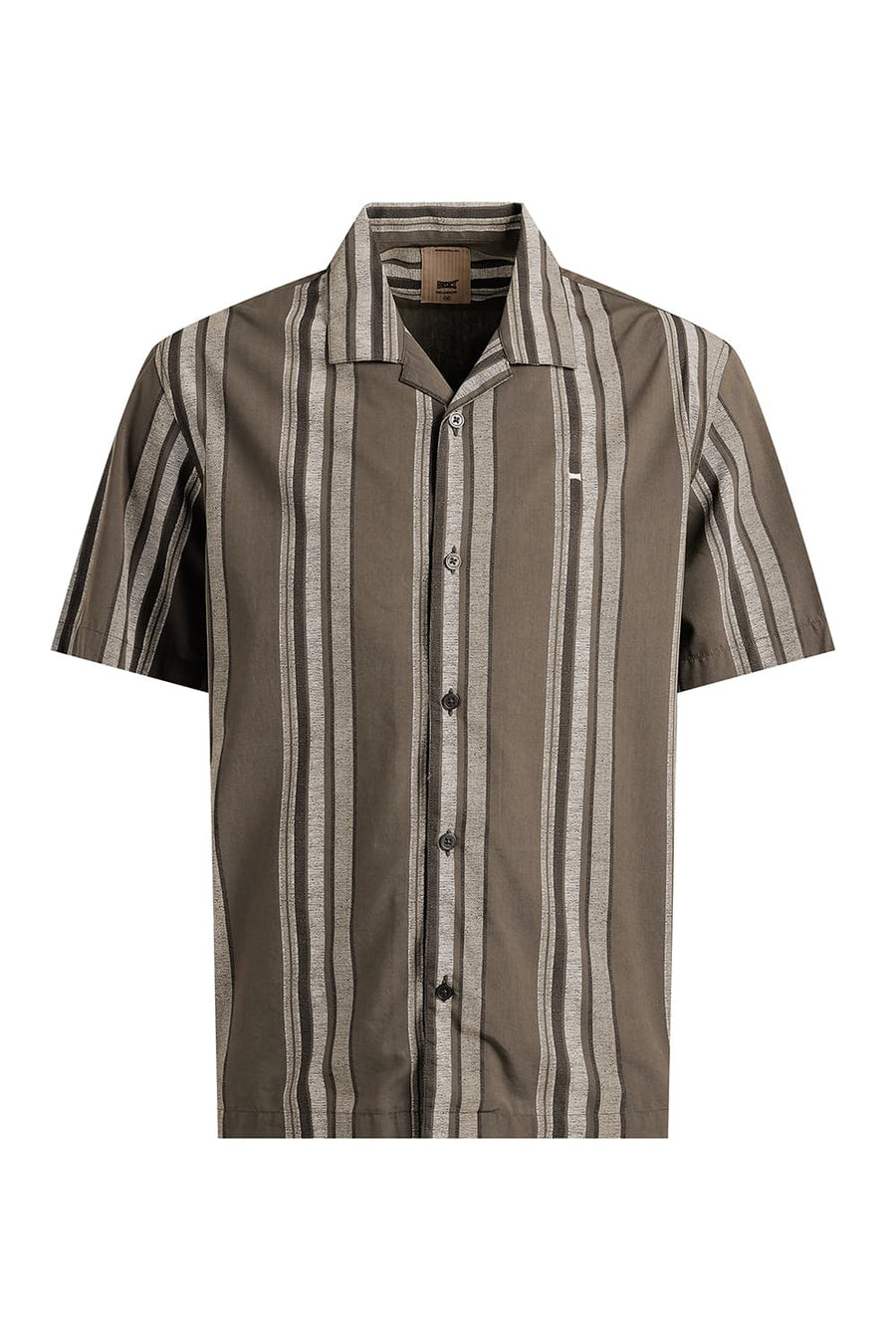BASICS RELAXED FIT CROCODILE OLIVE COTTON VISCOSE PRINTED STRIPE HALFSLEEVES SHIRT