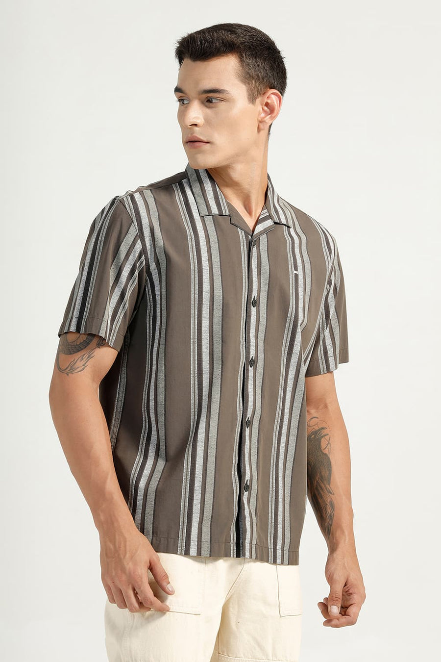 BASICS RELAXED FIT CROCODILE OLIVE COTTON VISCOSE PRINTED STRIPE HALFSLEEVES SHIRT