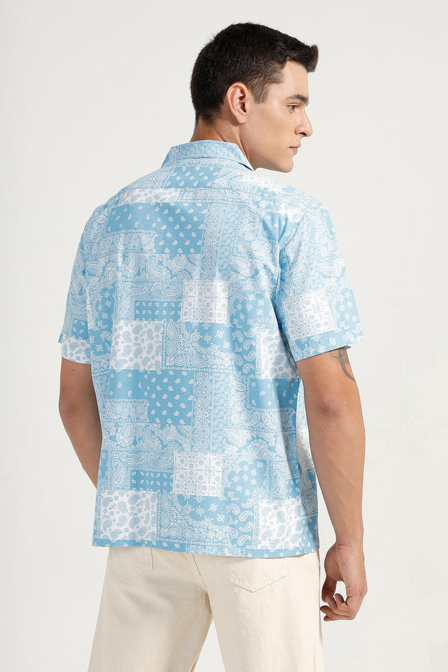 BASICS RELAXED FIT BLUE TOPAZ COTTON VISCOSE PRINTED HALFSLEEVES SHIRT