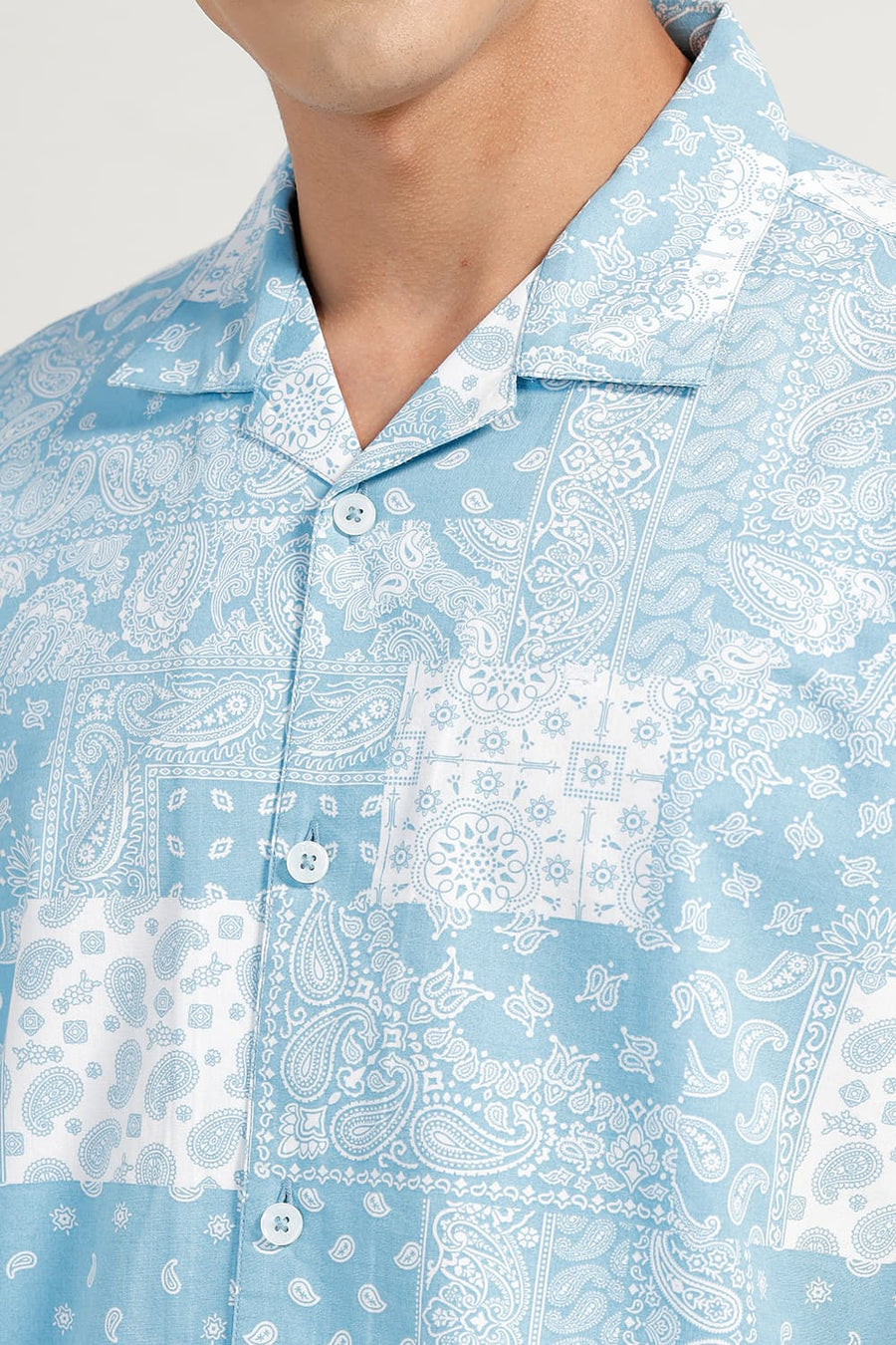 BASICS RELAXED FIT BLUE TOPAZ COTTON VISCOSE PRINTED HALFSLEEVES SHIRT